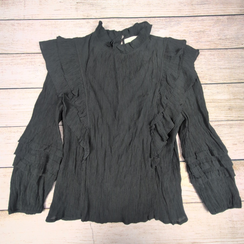 PINCH Black Ruffle Mock Neck‎ Long Sleeve Textured Blouse Top Women's Size L